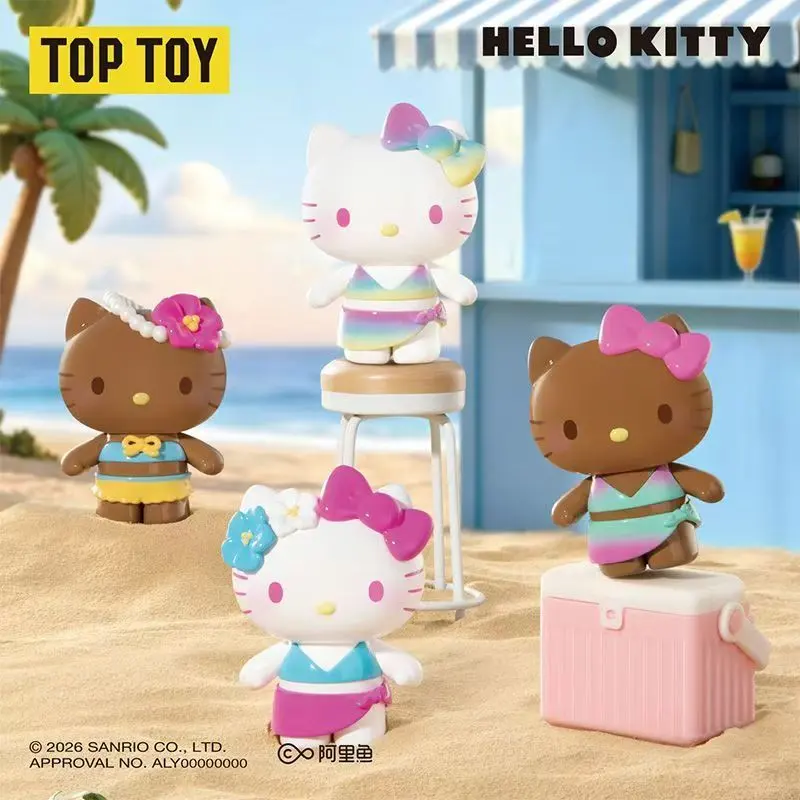 TOPTOY Official Hello Kitty Swimsuit Party Mini Bean Figures, Sanrio Cute Tanned‑Skin Collectible Desktop Ornament, Complete 10‑Piece Set, Ideal Gift for Toy Collectors & Fans