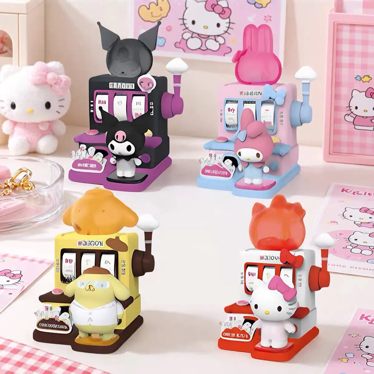 Sanrio Characters Candy Slot Machine Series Blind Box, Cute Hello Kitty My Melody Kuromi Pompompurin Collectible Figure Toy Gift Set, 4Pcs/Set