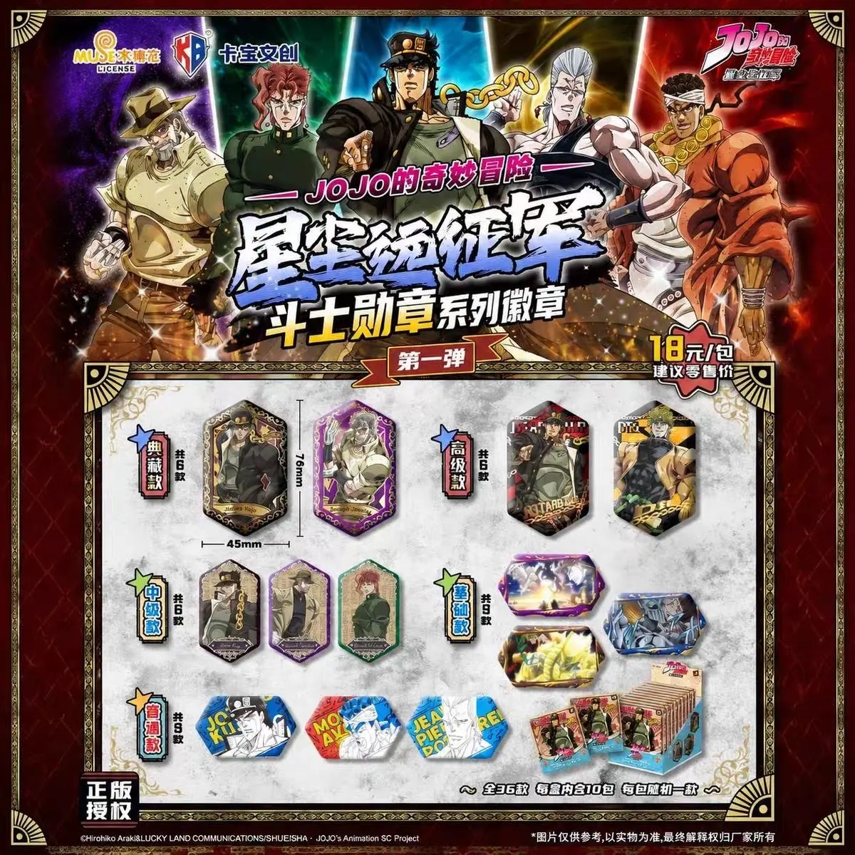 KB Wenchuang JoJo’s Bizarre Adventure Stardust Crusaders Warrior Medal Badges Wave 1, 10‑Pack Full Box, 1 Badge per Pack – Official Designer Collectible Art Toy