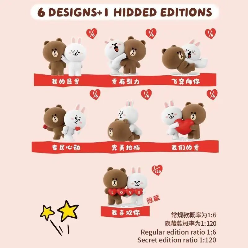 Official LINE FRIENDS I Like You Flocked Blind Box, 6 Pcs Full Set Brown & Cony Couple Figurines, Cute Flocking Character Collectible Figures – Official Designer Collectible Art Toy