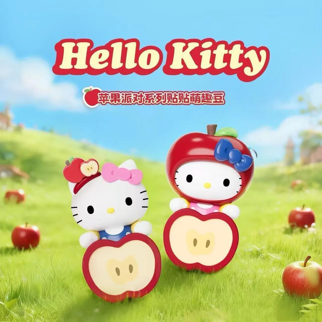 Sanrio Hello Kitty Apple Party Sticky Mini Beans Blind Box Figures, Cute Hello Kitty Mini Collectible Ornaments, 12Pcs/Set