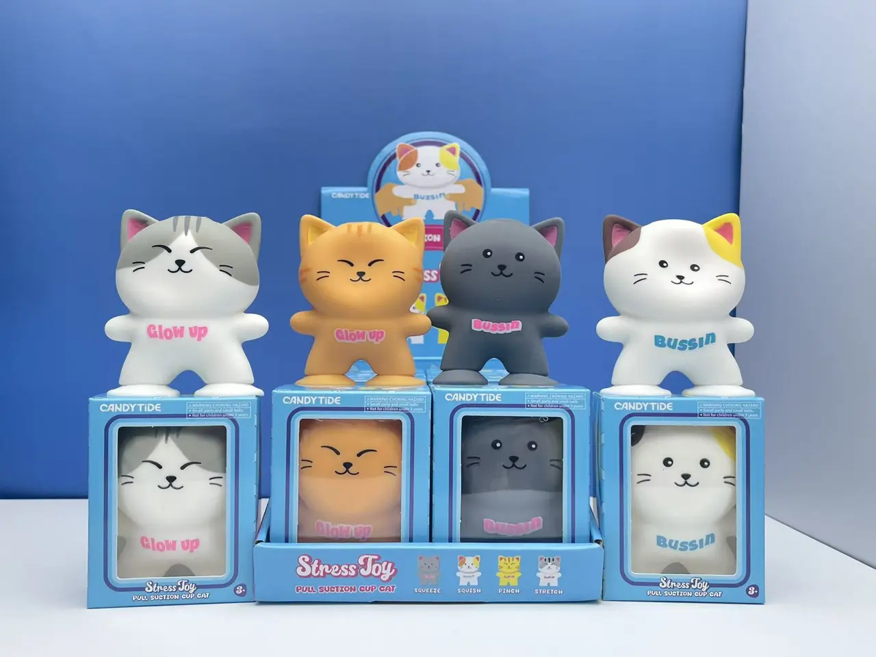 CANDYTIDE Pull Suction Cup Cat Squishy Stress Toys, 4 Styles Cute TPR Fidget Toys – Official Designer Collectible Art Toy