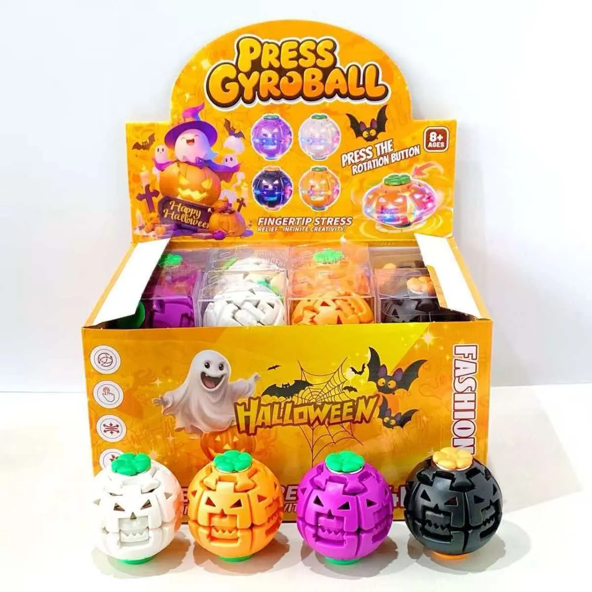 Halloween Pumpkin Spinning Top Toys with LED Flash Lights & Spooky Music, Press-and-Go Light-Up Flying Gyro Top, Halloween Party Favors Goodie Bag Fillers & Trick-or-Treat Gift for Kids (Pack of 1 / Bulk) – Official Designer Collectible Art Toy