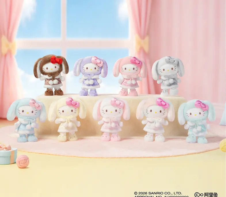 TOPTOY Hello Kitty Lop-Eared Rabbit Series Blind Box, Plush Bag Charm, Cute Collectible Figure Ornament, Gift for Girls, 8Pcs/Set