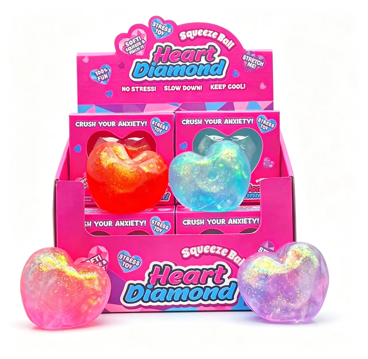 CANDYTIDE Heart Diamond Glitter Stress Relief Squeeze Ball 4-Color, TPR + Maltose – Official Designer Collectible Art Toy